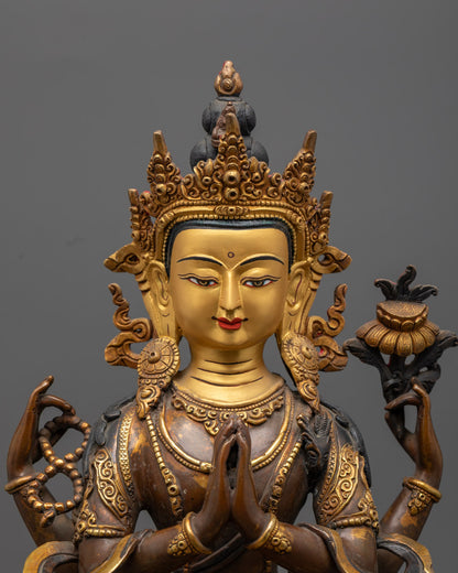 Chenrezig statue’s detailed floating robe, crown, and jewelry carved by skilled artisans