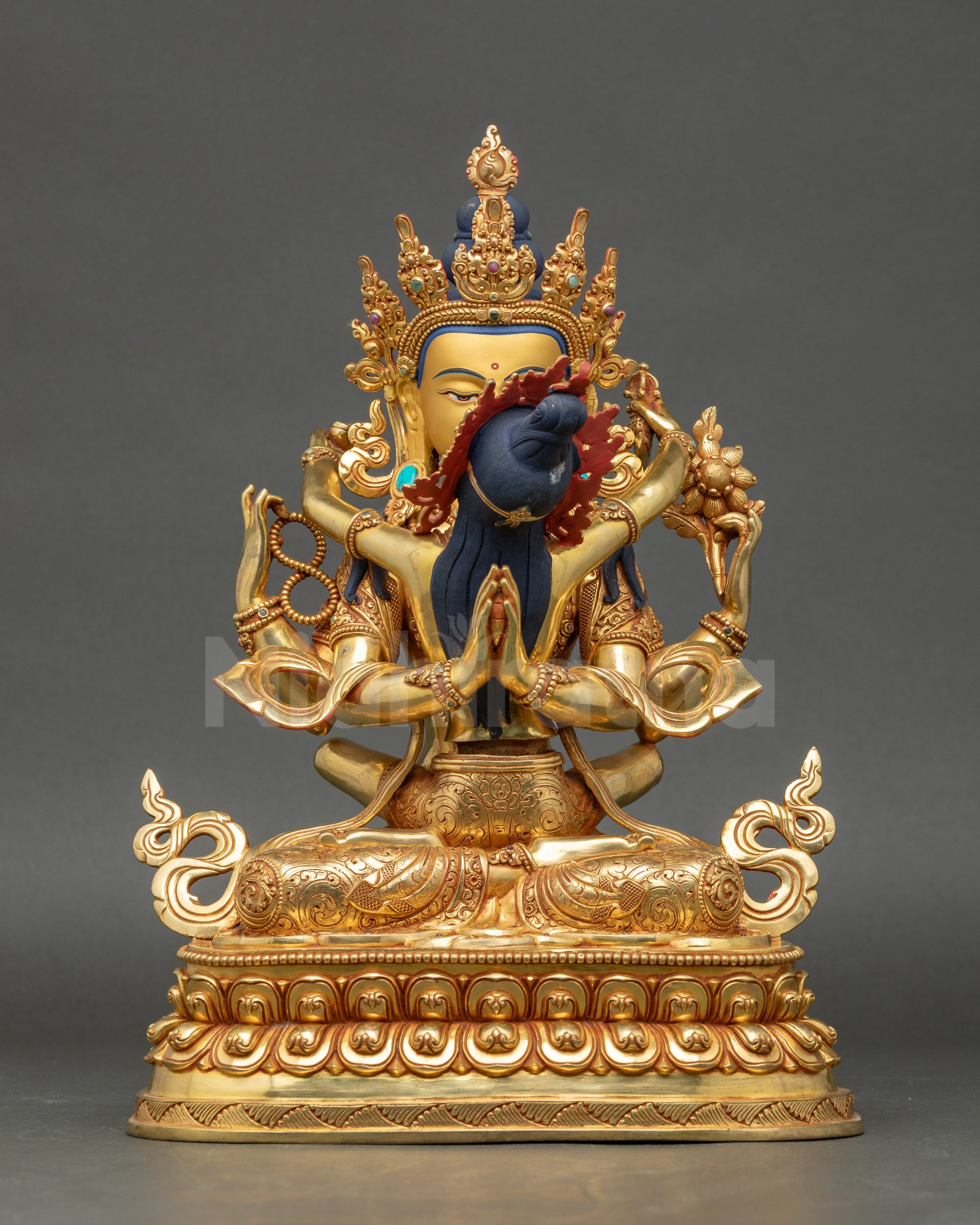 Chenrezig with Consort Statue gold-gilded Nepalese Buddhist art front view