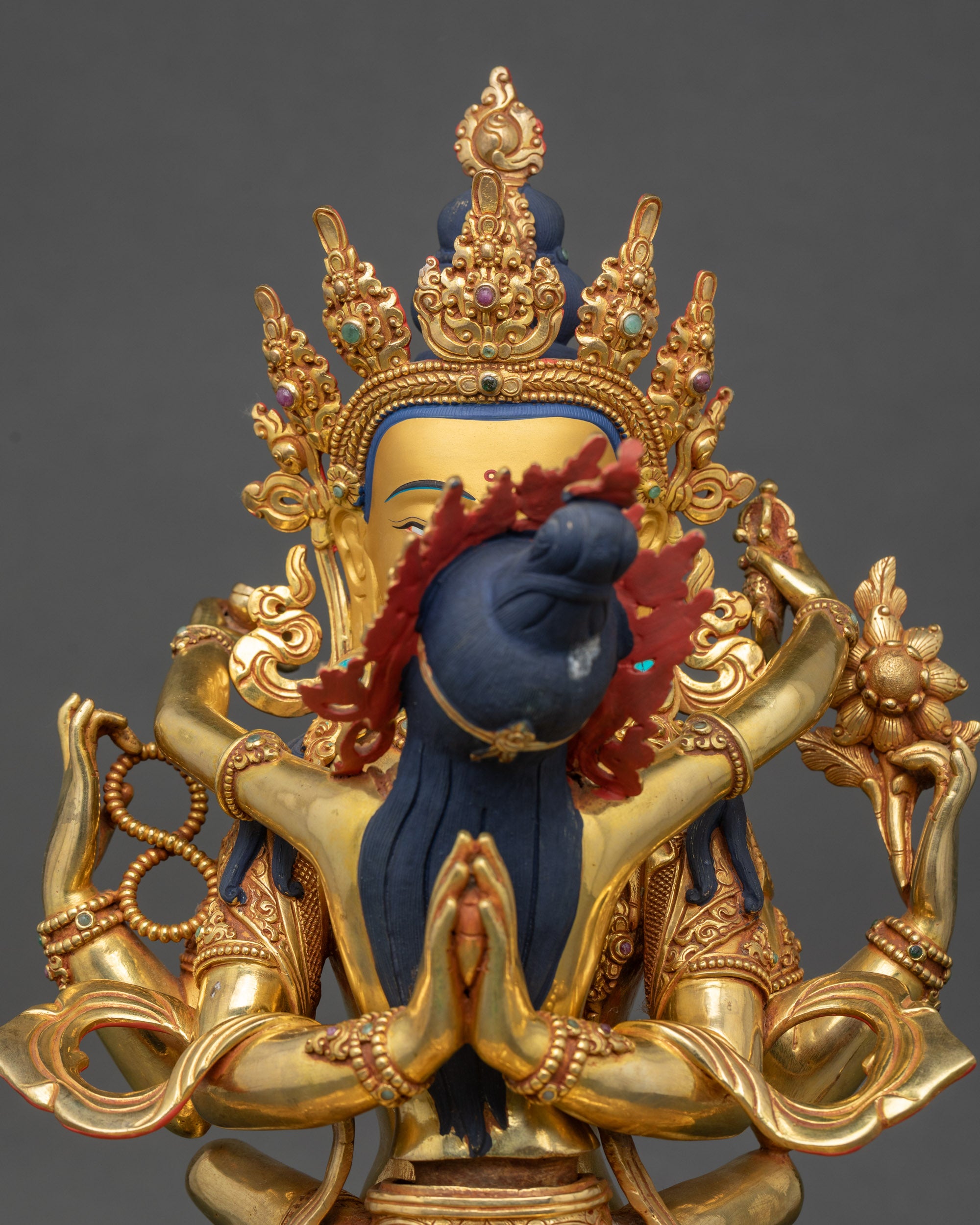 Chenrezig with Consort detailed face close-up gold fire-gilded
