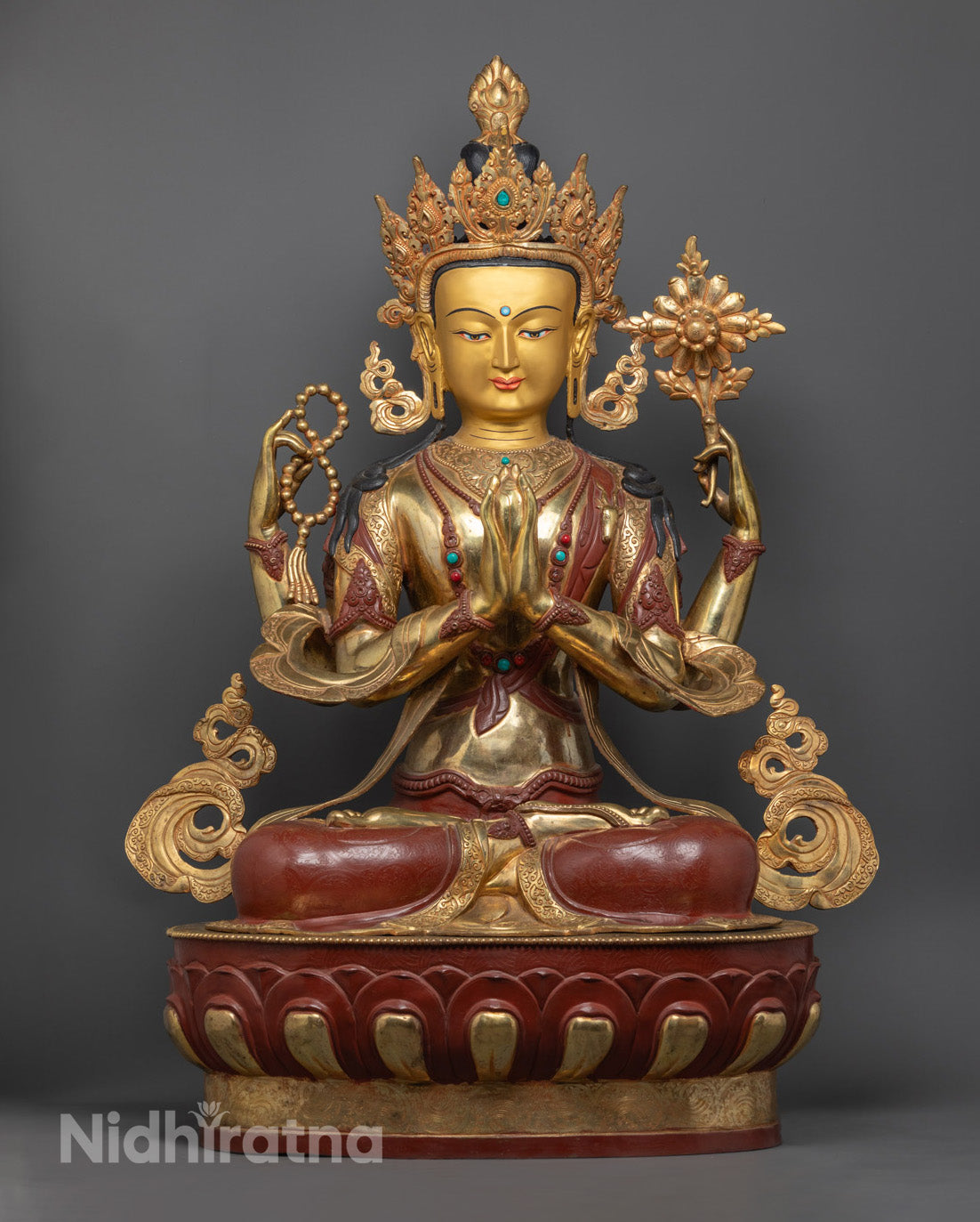 Hand-carved Chenrezig Statue with gold fire-gilded body and precious stone face seated on lotus throne