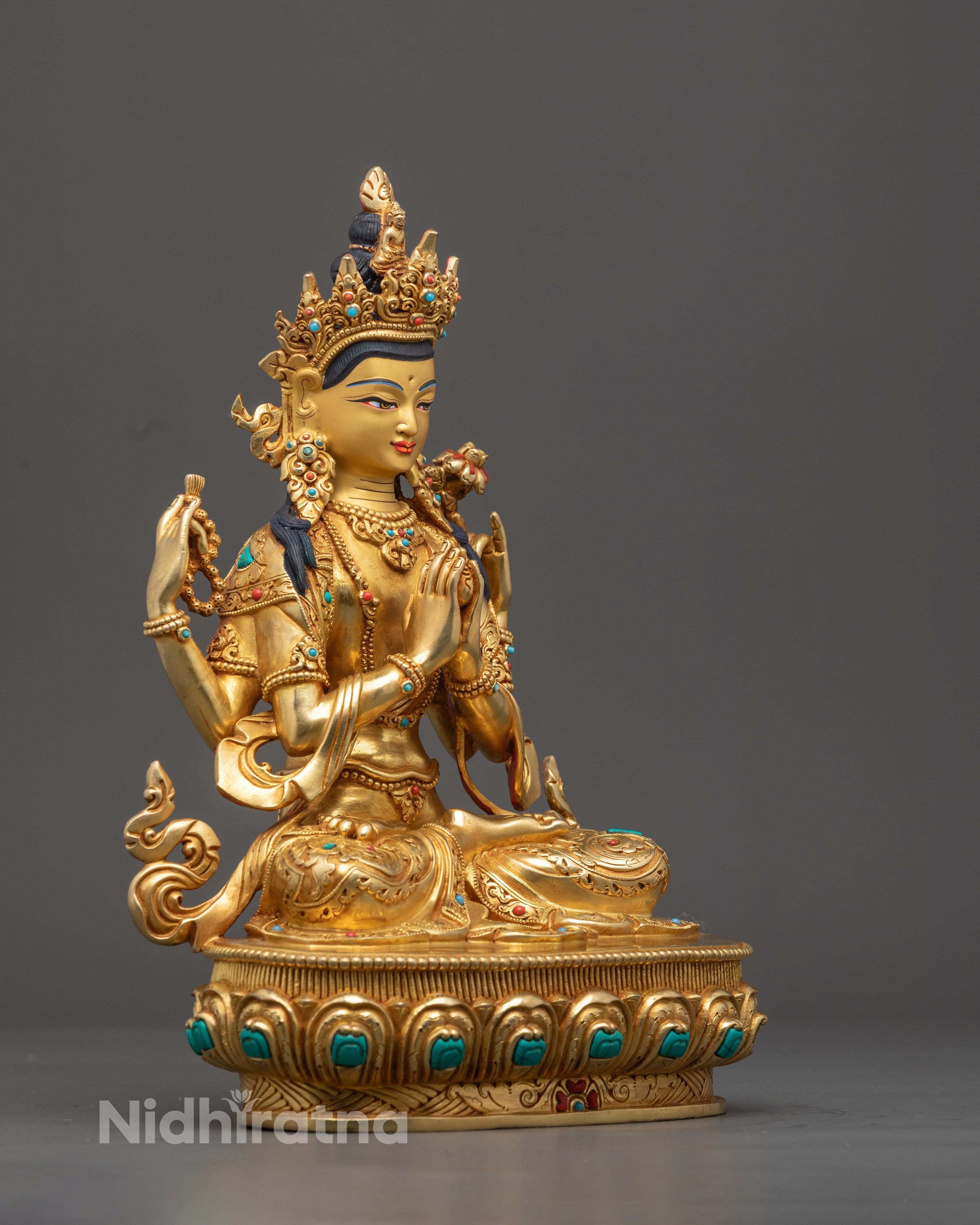Luxury 24k Gold Chenrezig Statue – Exquisite Handmade Buddhist Bodhisattva Sculpture with Mala Beads, Turquoise & Coral – Sacred Art for Spiritual Altars.