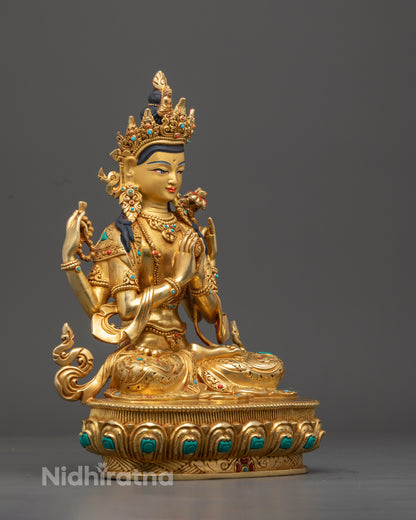 Luxury 24k Gold Chenrezig Statue – Exquisite Handmade Buddhist Bodhisattva Sculpture with Mala Beads, Turquoise & Coral – Sacred Art for Spiritual Altars.