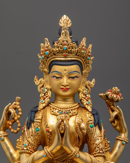 Serene Chenrezig Buddha Statue – Masterful Nepali Fire Gilding with Gemstones – Compassion Bodhisattva Sculpture for Meditation & Devotional Practice.