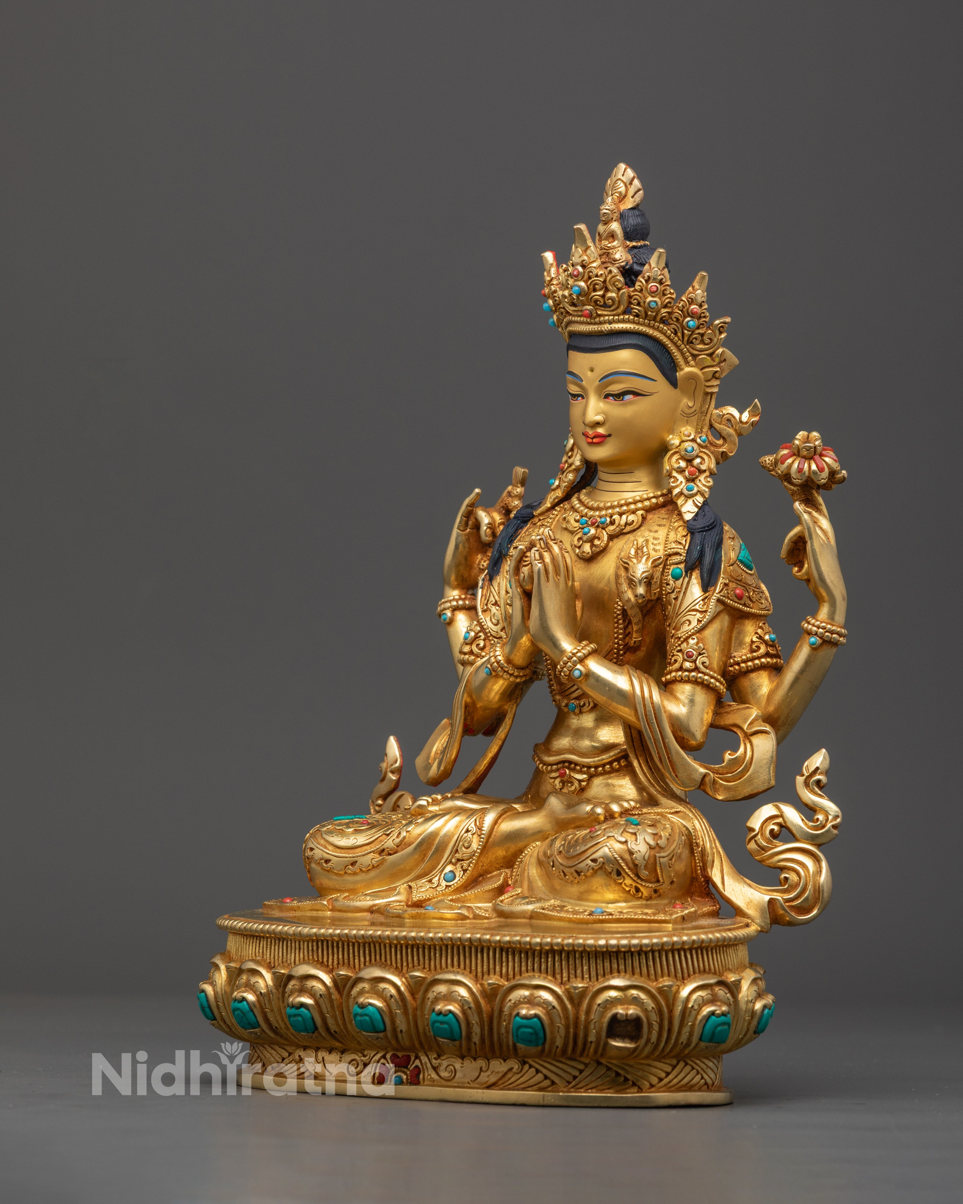 Handcrafted 10.5-inch Chenrezig Statue in 24K Gold – Nepali Fire-Gilded Bodhisattva with Turquoise & Coral Gemstones – Serene Buddhist Deity for Altar & Meditation.