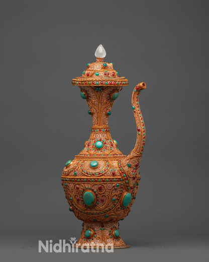 Classic Copper Karuwa handcrafted in Nepal with gold and copper filigree and crystal-topped lid