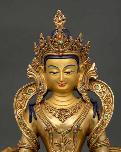 close-up of Amitayus face with gold-painted features and five-jeweled crown