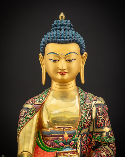 Close-up of Medicine Buddha Statue Copper Lost Wax with Gold Fire-Gilding Details