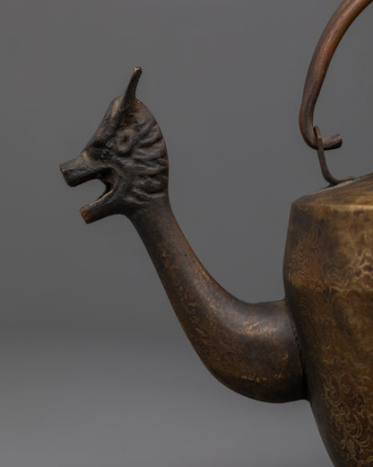 Close-Up View: Close-up of intricate deity carvings on handcrafted Buddhist Tea Pot
