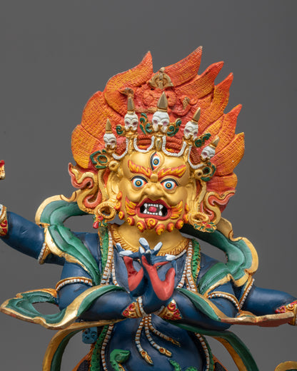 Close-Up View of Vajrapani Sculpture’s Fierce Expression and Vajra Weapon