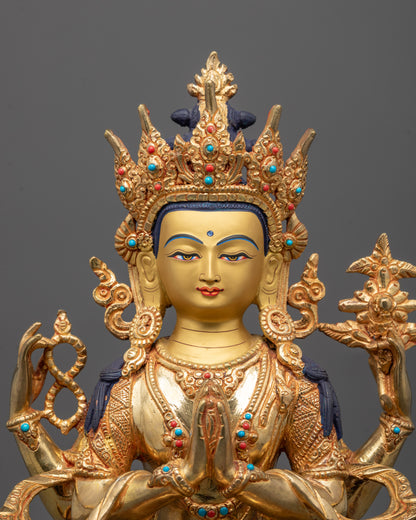 Close-Up of 24k Fire-Gilded Chenrezig Face Showing Serene Expression