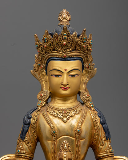 Showcases serene expression, intricate detailing, and the radiant halo representing divine wisdom and compassion.

