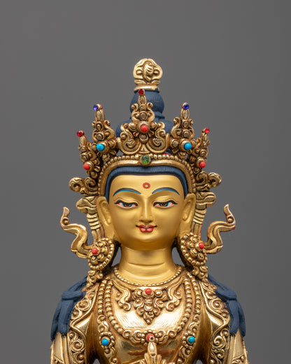 Close-Up of Amitayus Statue’s Face with Serene Expression and Fire-Gilded Gold Polish
