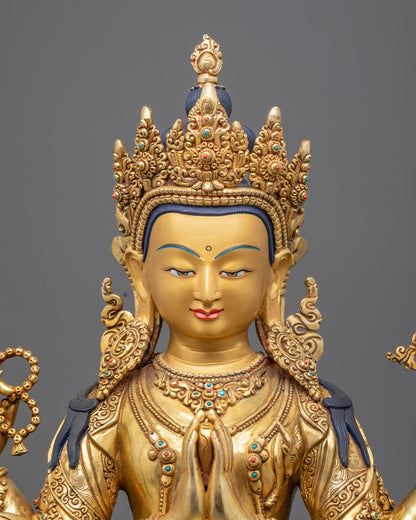 Chenrezig’s Compassionate Expression and Gold-Gilded Ornaments – Avalokiteshvara Bodhisattva Sculpture