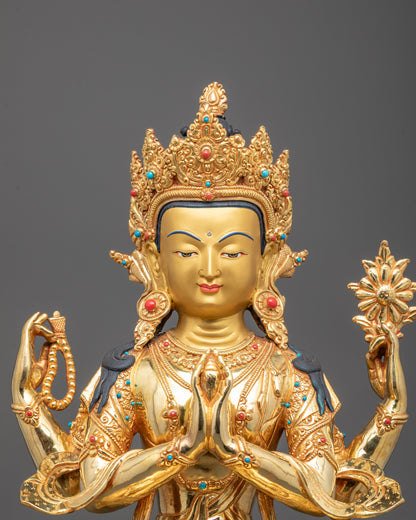 Close-Up of Chenrezig’s Serene Expression and Intricate Detailing in Fire Gold Finish