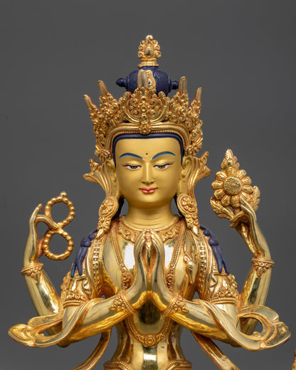 Close-Up of Gold-Gilded Chenrezig Face Showing Serene Expression and Detail