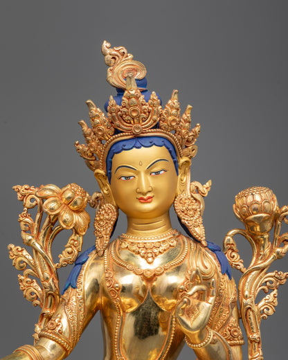 Close-Up of Green Tara’s Gold-Gilded Face with Intricate Acrylic Color Detailing
