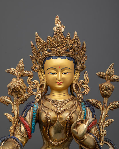 Green Tara’s Serene Face – 24k Gold Gilding and Adorned with Sacred Jewelry