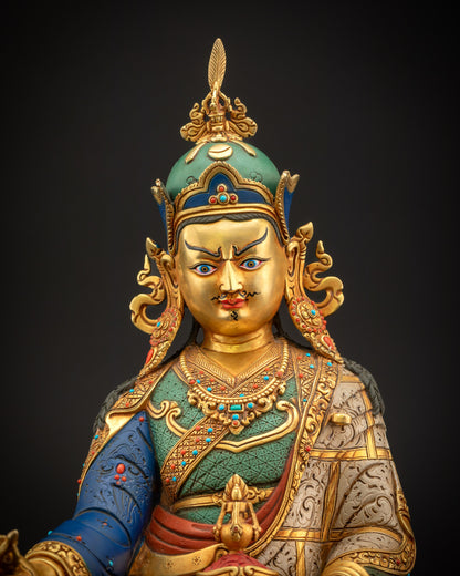 Close-up of Guru Rinpoche Padmasambhava face with semi-wrathful expression and lotus crown, ideal for devotional focus