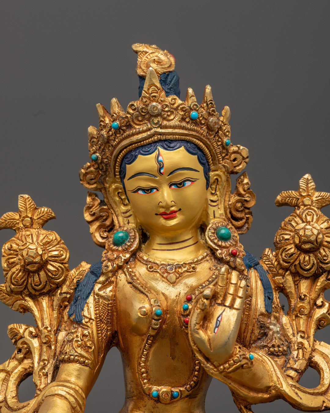 Hand-Carved White Tara Face – 24k Gold-Gilded Detail and Intricate Artisan Work