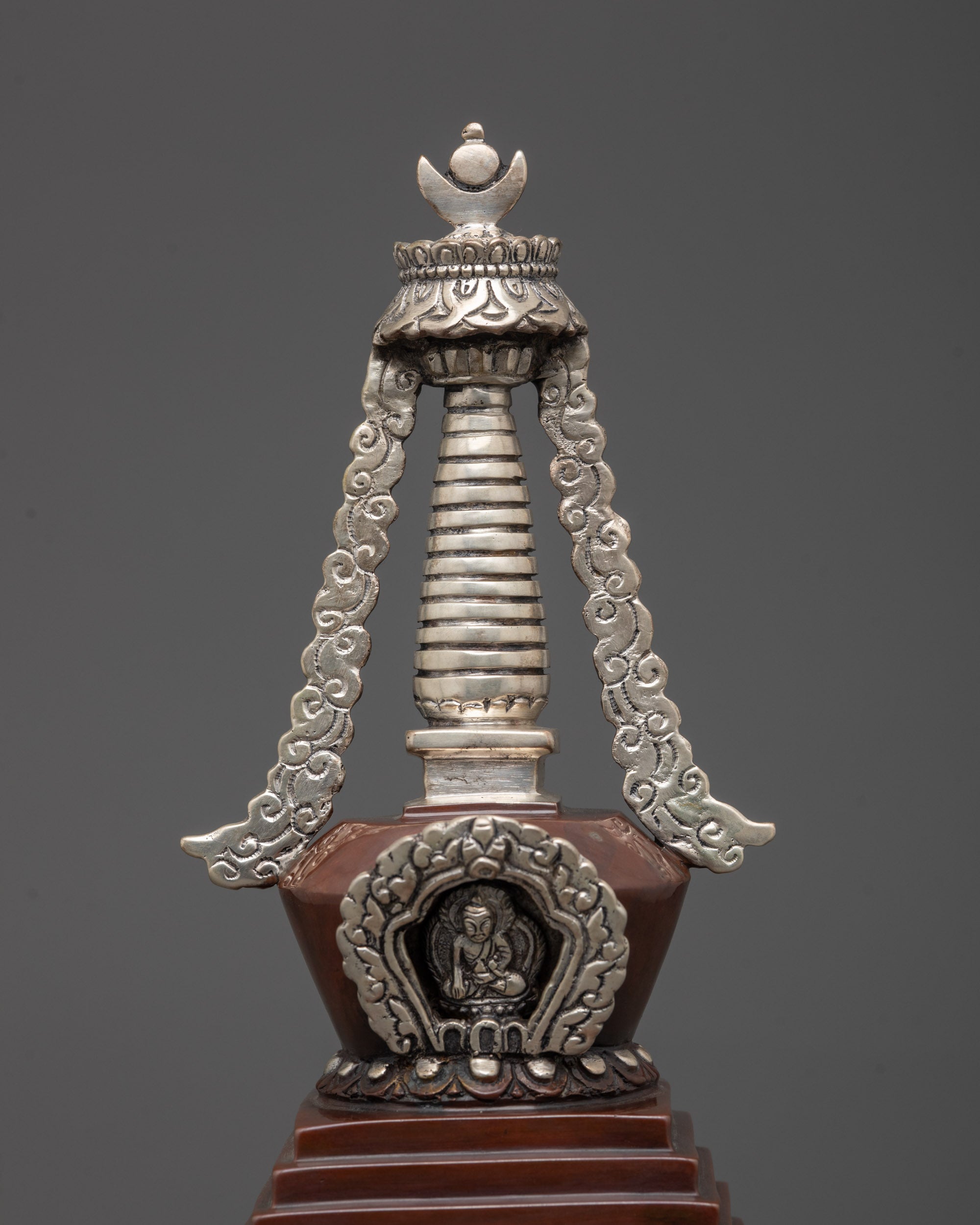 Close-Up of Silver-Plated Symbolic Elements on the Shakyamuni Buddha Stupa