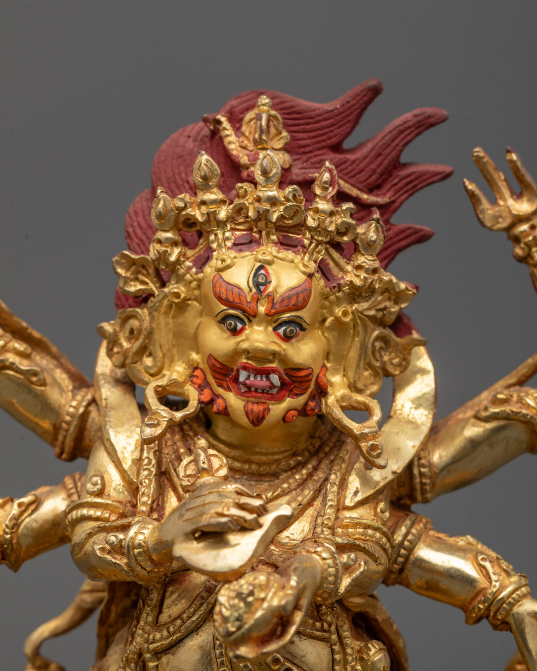 Close-Up of Six-Armed Mahakala Face with 24k Fire-Gilded Gold Detailing