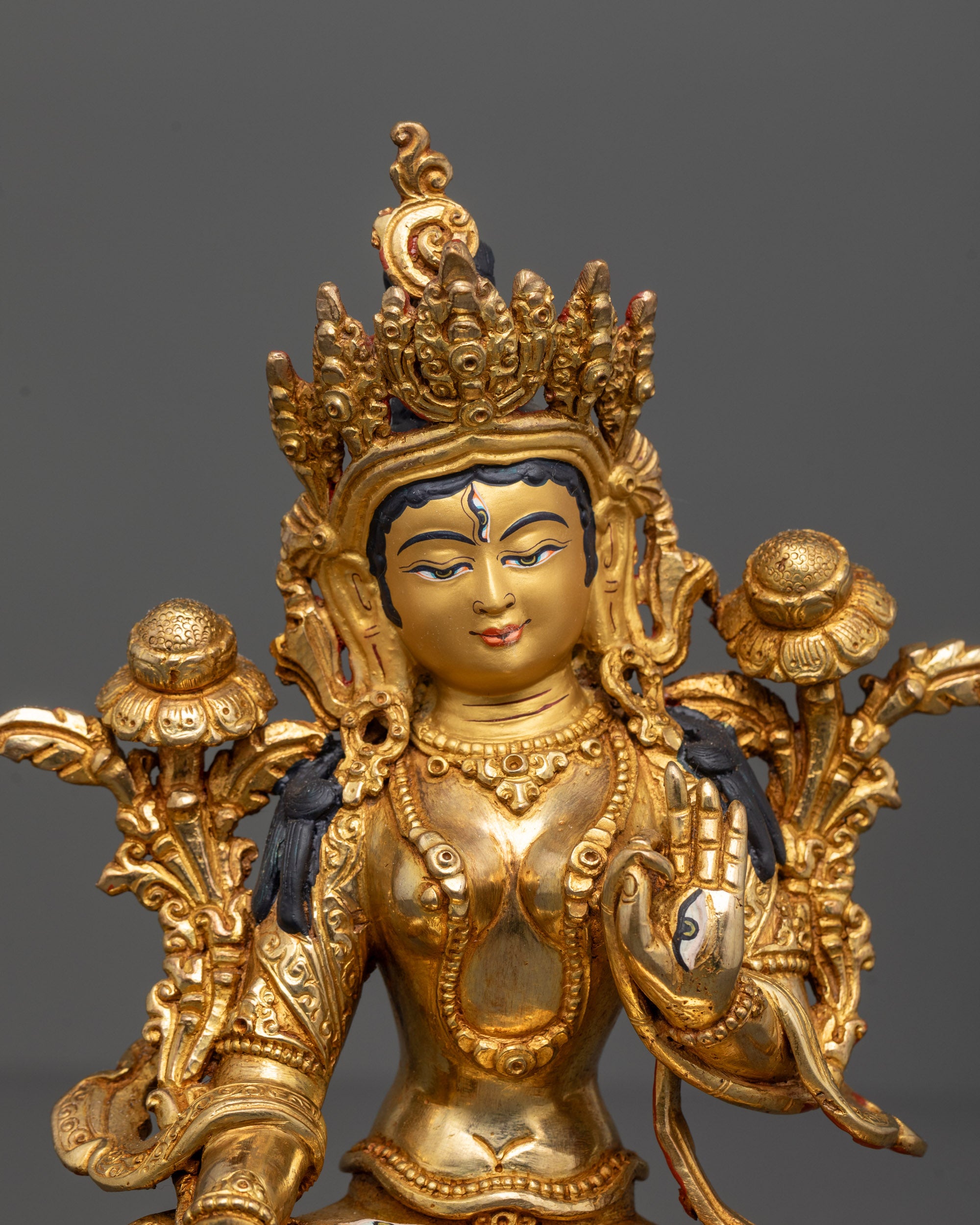 Close-Up of White Tara’s Serene Face and Crown Decorated with Semi-Precious Stones