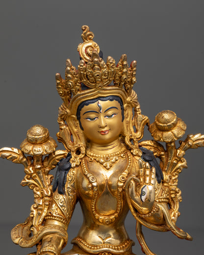 Close-Up of White Tara’s Serene Face and Crown Decorated with Semi-Precious Stones
