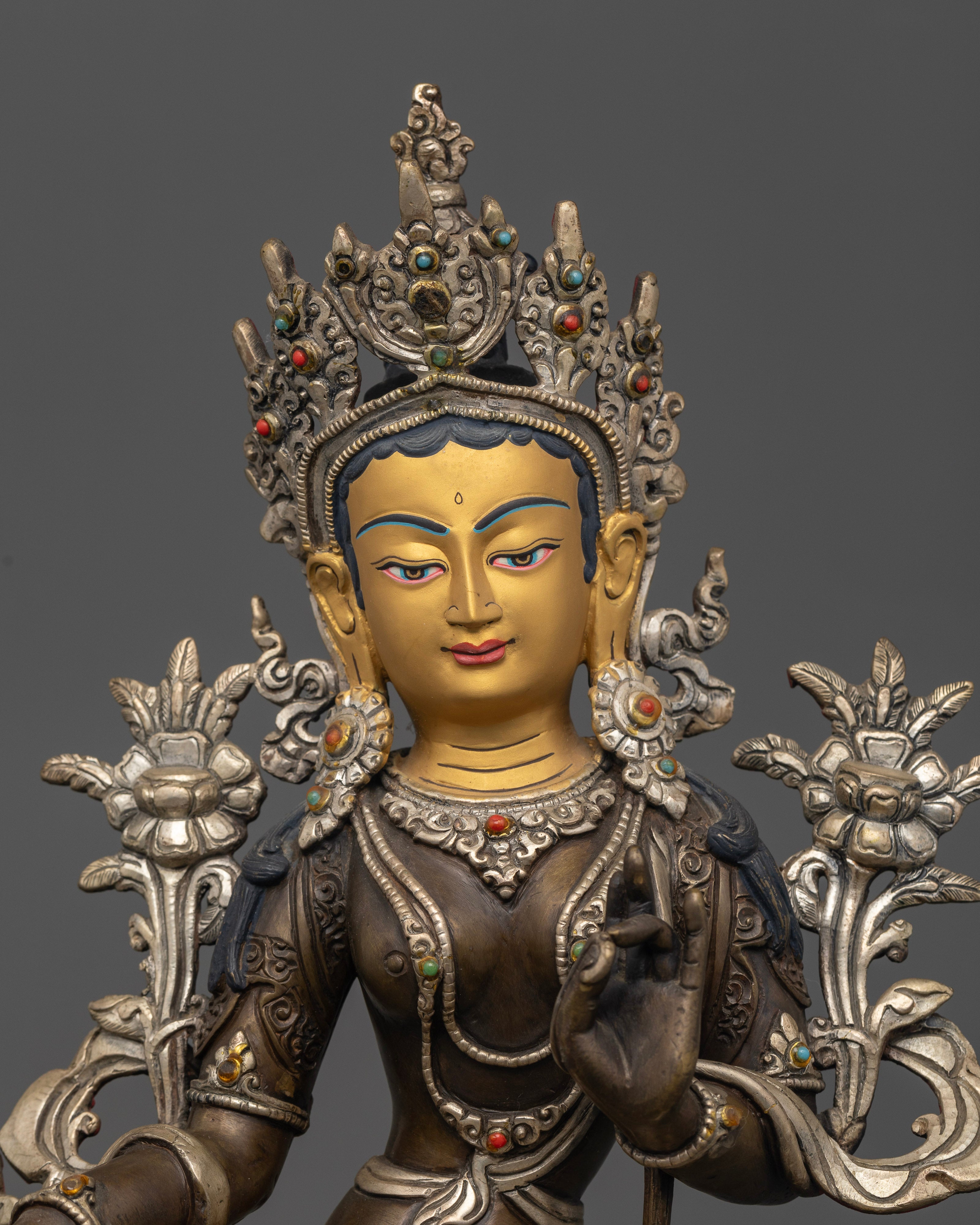 Close up Green Tara sculpture five-jeweled crown semi-precious stones handcrafted Buddhist deity