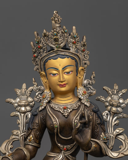 Close up Green Tara sculpture five-jeweled crown semi-precious stones handcrafted Buddhist deity
