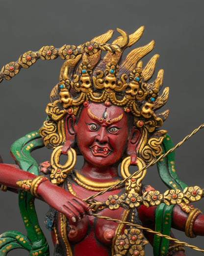 Close up Kurukulla red Dakini copper gold gilded crown coral turquoise detail