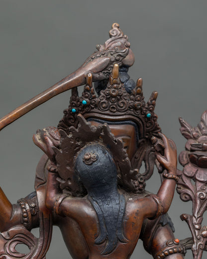 Close up Manjushri face serene expression semi precious stones handcrafted Nepal
