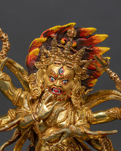 Close up Six-Armed Mahakala face third eye gold painted wrathful deity spiritual insight
