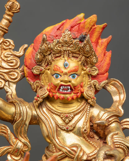 Close up White Dzambhala gold-painted face intricate details acrylic colors deity art