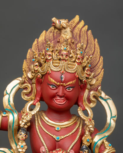 Close up of Dorje Phagmo Statue gold gilded face skull cup curved knife sacred Buddhist deity