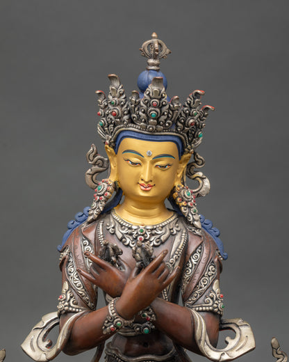 Close-up of Vajradhara figurine showing vajra and bell held at heart center