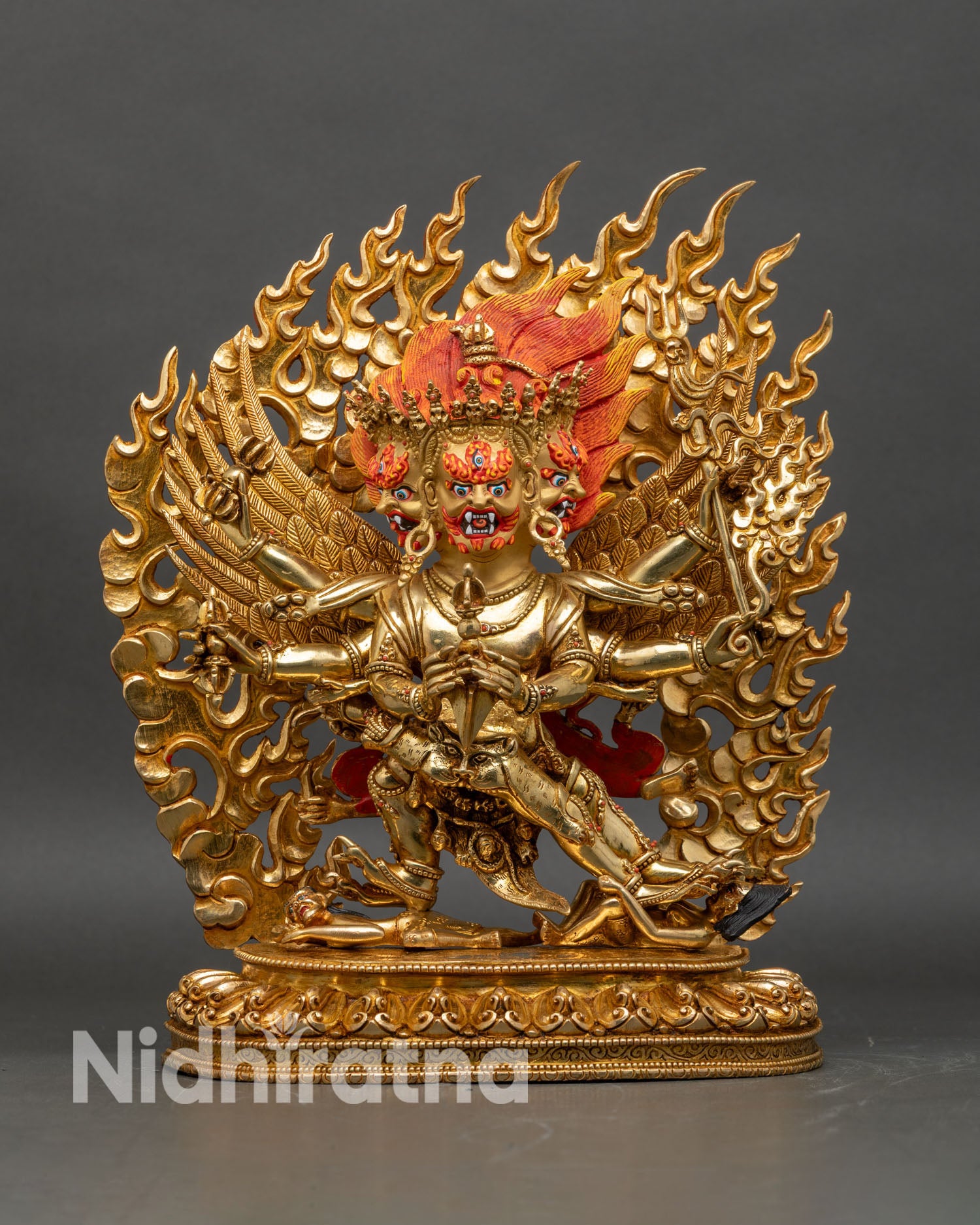 Close up of Vajrakilaya Statue phurba ritual tool skull cup kartika knife sacred Buddhist deity