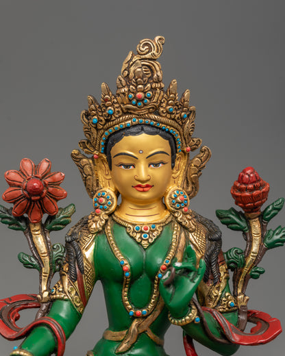 Close-up Green Tara sculpture in varada mudra with vibrant green acrylic finish