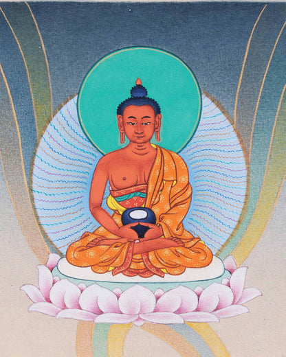 Close-up of Amitabha Buddha Thangka radiating blessings from western pure land