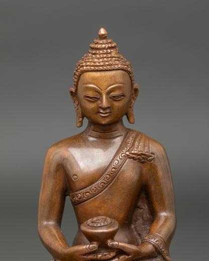 Close-up of Amitabha Buddha face, serene expression, gold and copper meditation details
