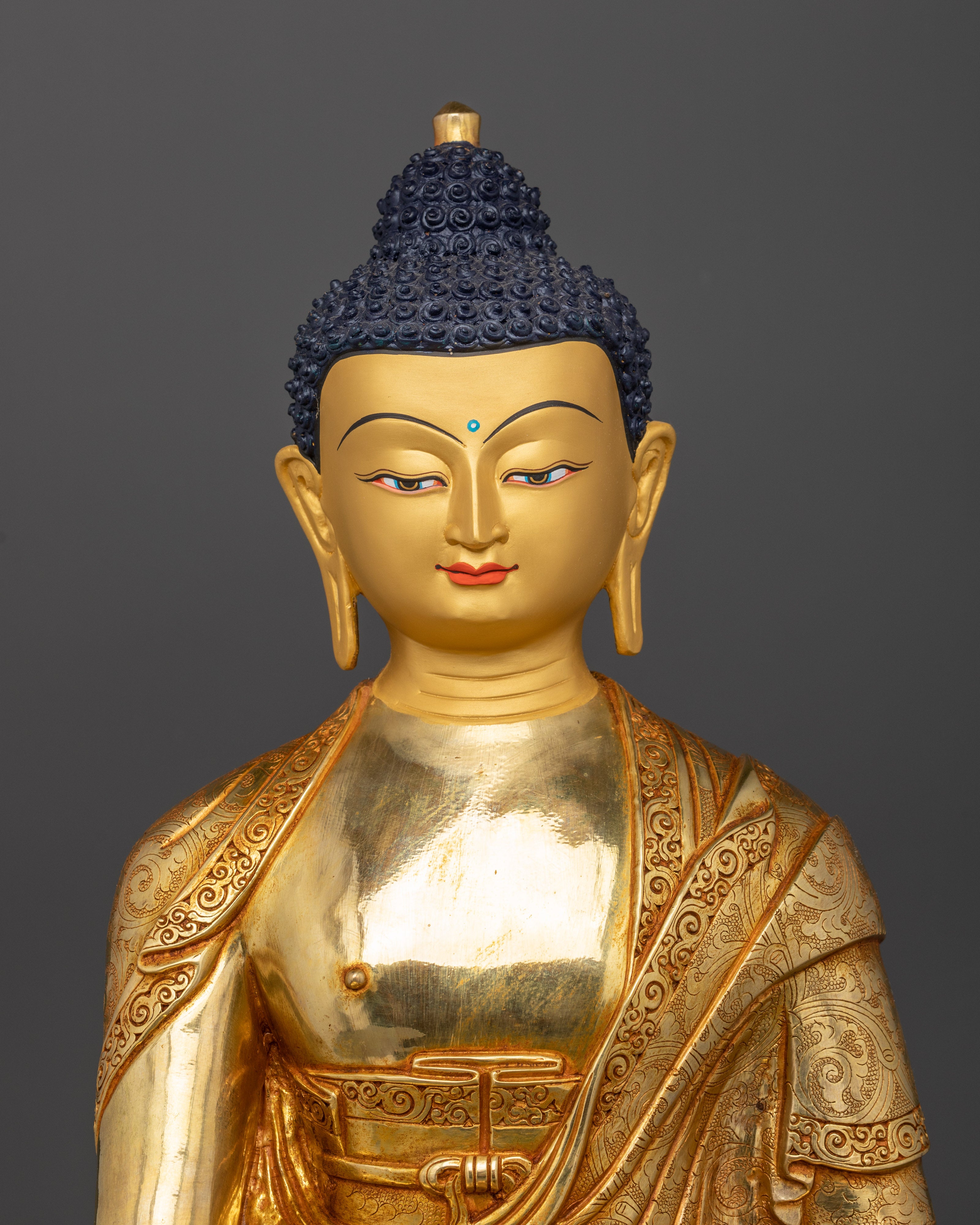 Close-up of Amitabha Buddha figurine showing lotus seat and alms bowl in dhyana mudra