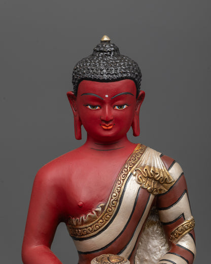Close-up of Amitabha Buddha’s serene face with intricate acrylic color detailing