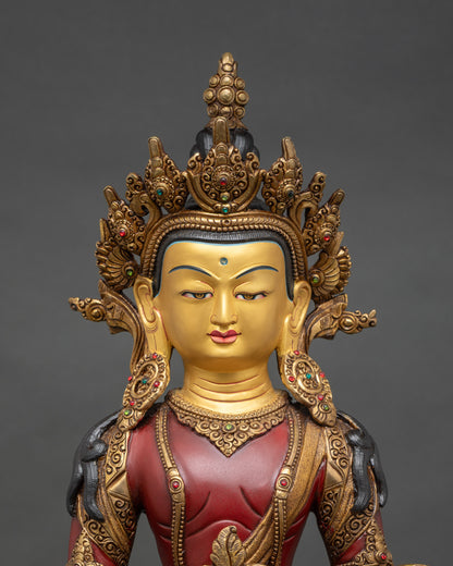 Close-up of Amitayus Buddha face painted with vibrant acrylic colors, serene expression