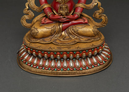 Close-up of Amitayus Buddha face painted with vibrant acrylic colors, serene expression