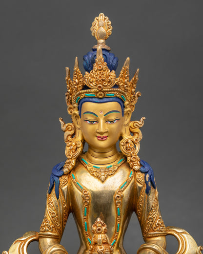 Close-up of Amitayus Buddha holding medicinal vase, painted with acrylic colors