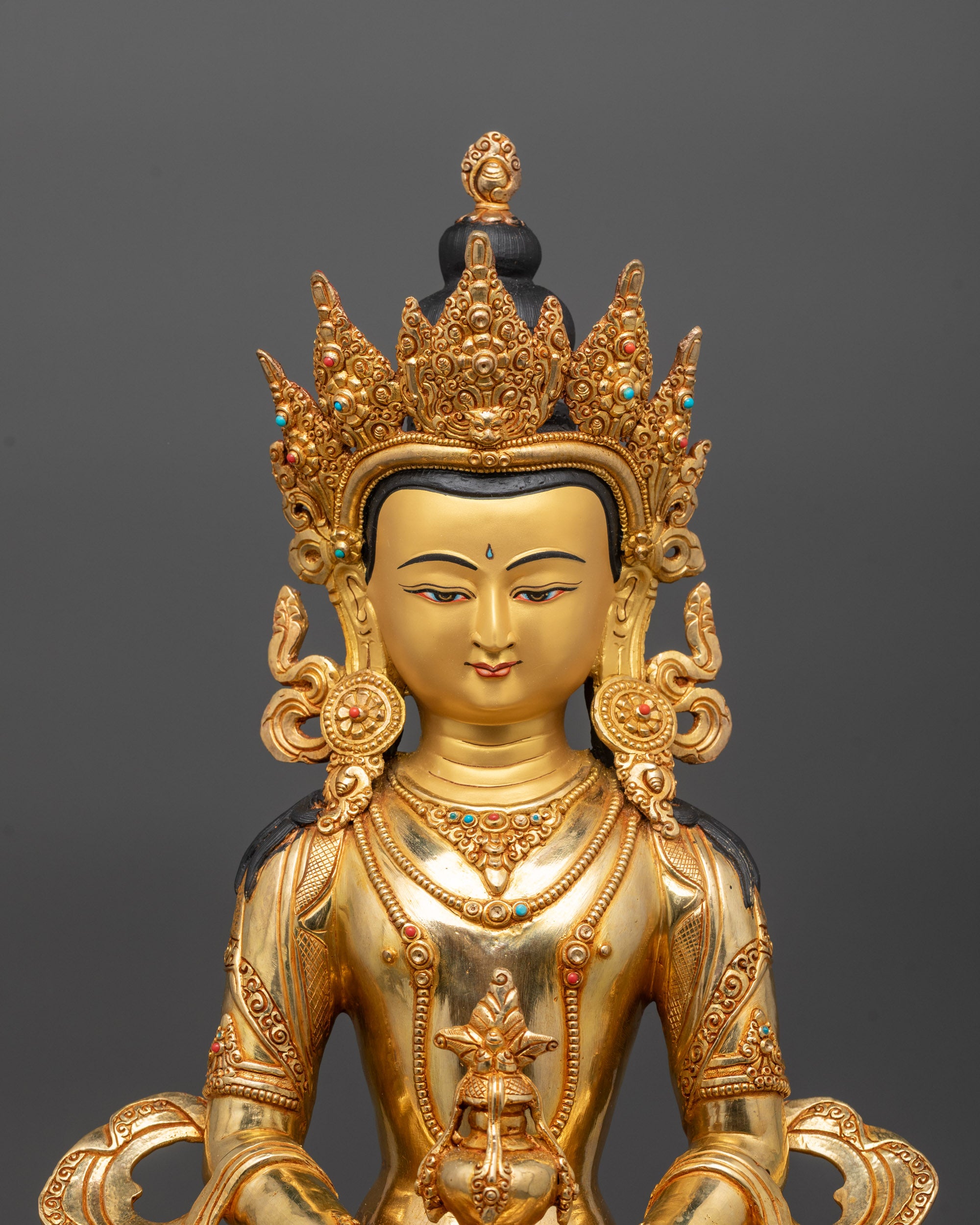 Close-up of Amitayus Statue's Five-Jewel Crown and Serene Facial Expression