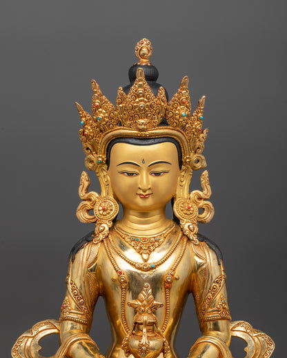 Close-up of Amitayus Statue's Five-Jewel Crown and Serene Facial Expression