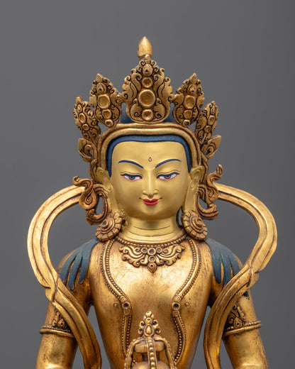 Close-up of Amitayus face with 5-jeweled crown and gold-gilded features
