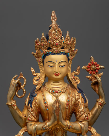 Close-up of Avalokiteshvara Chenrezig Statue highlighting facial features, four arms