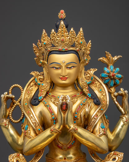 Close-up of Avalokiteshvara Chenrezig showing flowing robes, jeweled crown, and ornate jewelry