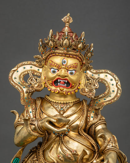 Close-up of Black Dzambhala statue showing lotus seat, kapala, and jeweled mongoose